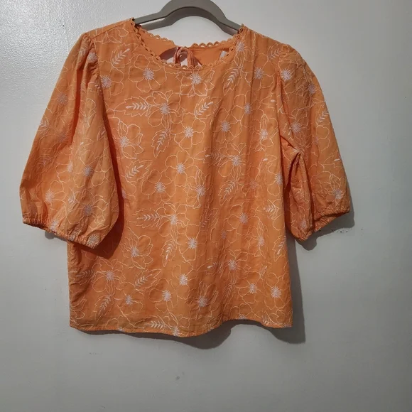 Loft Garden Embroidered Open Back Puff Sleeve Blouse Lg Nwt Tangerine Summer Top - Picture 2 of 10